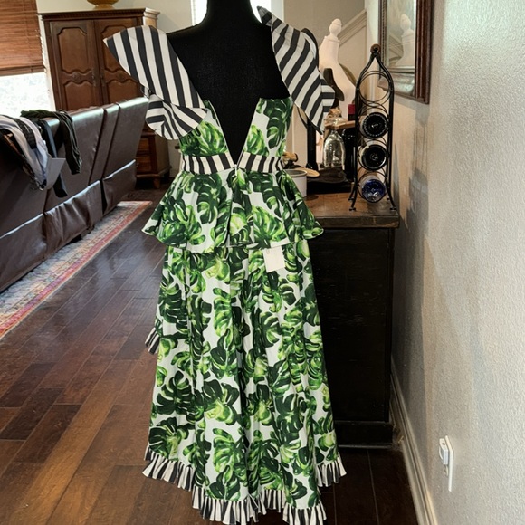 NWOT CAROLINE CONSTAS Size S green and grey stripes ruffle 2 pc off shoulder - Picture 7 of 7